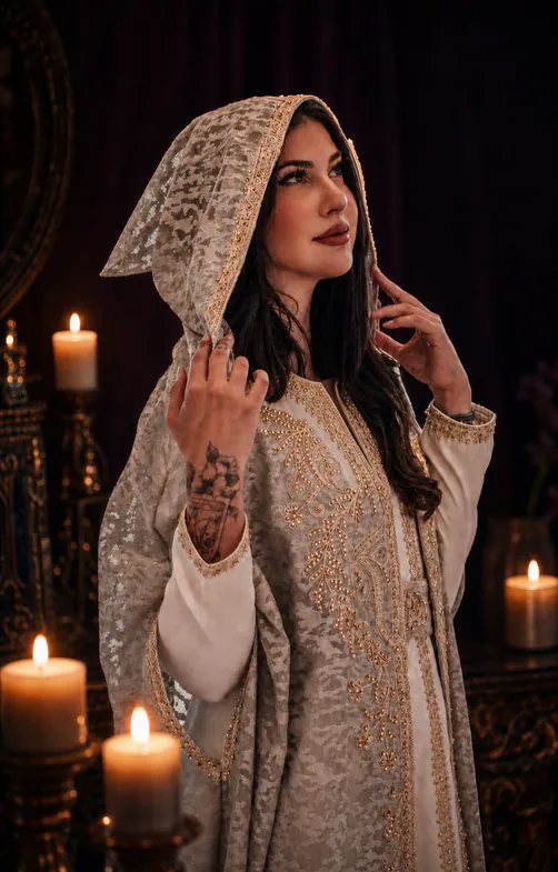 Andreza, taróloga do D'Arc Tarot, à luz de velas
